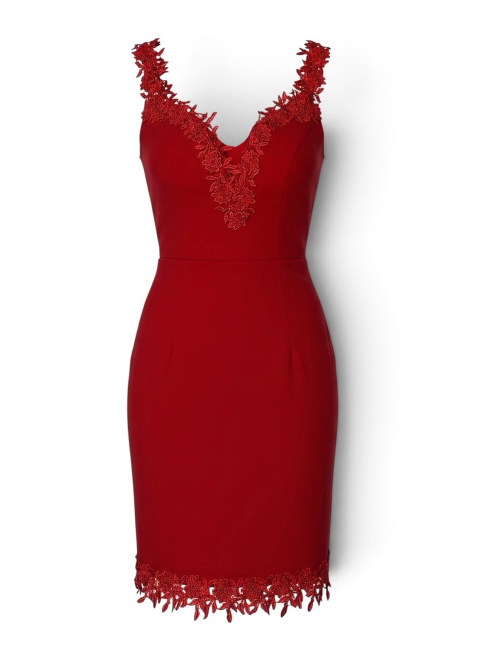 Luxxel Bodycon Deep V-Neck Red Lace-Trim V-Neck Mini Dress | EUC